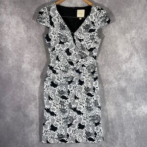ModCloth Sheath Dress Women XS Black White Floral Grid Retro Cap Sleeve V-Neck